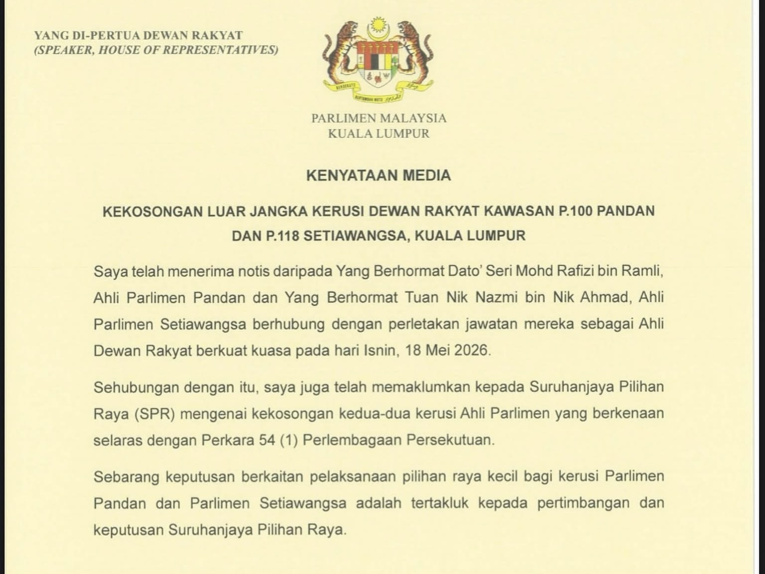 Johari Abdul Sahkan Kekosongan Kerusi P.100 Pandan dan P.118 Setiawangsa