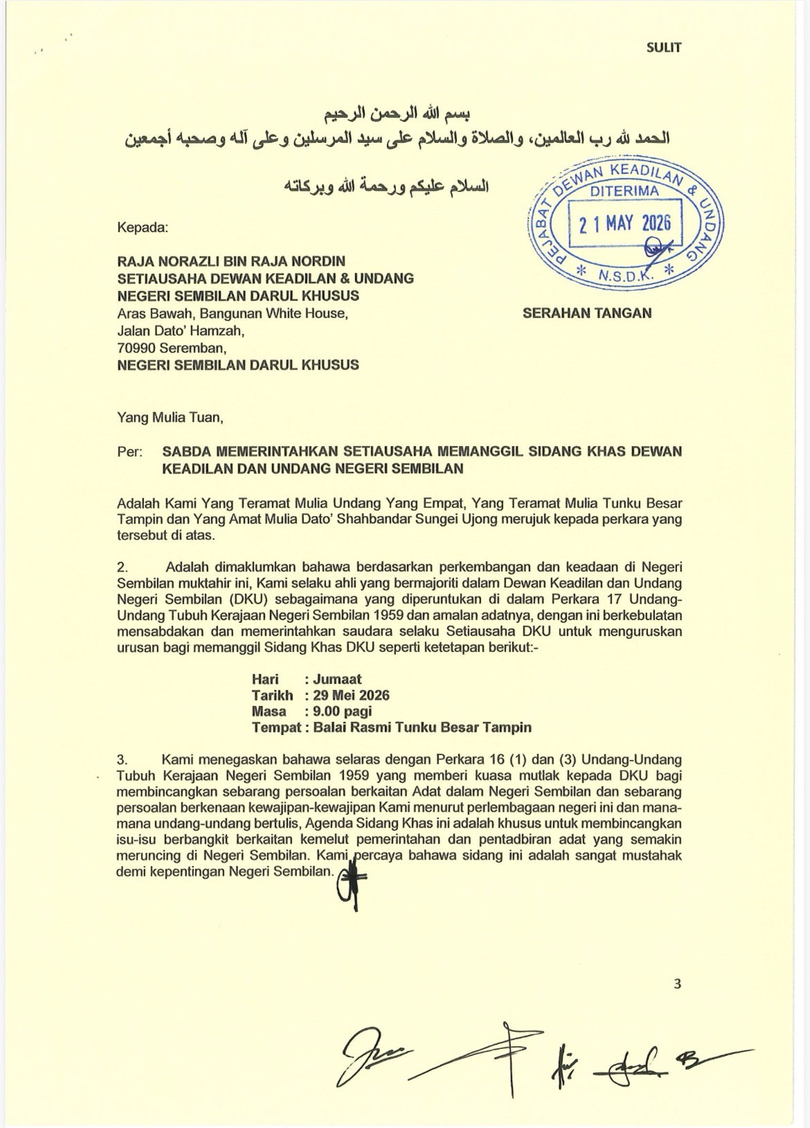 6 Pembesar Adat Negeri Sembilan Arah Sidang Khas DKU, Jemput Peguam Negara Jadi Pemerhati