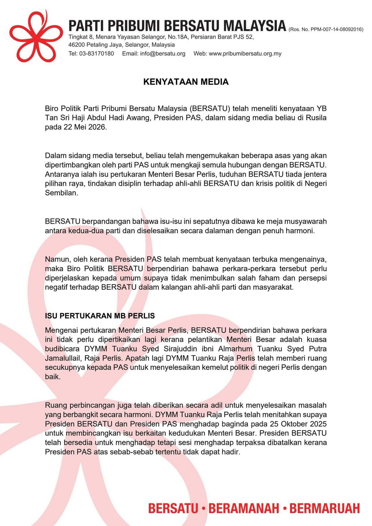 Hubungan PN Tegang, BERSATU Jawab Hadi Awang
