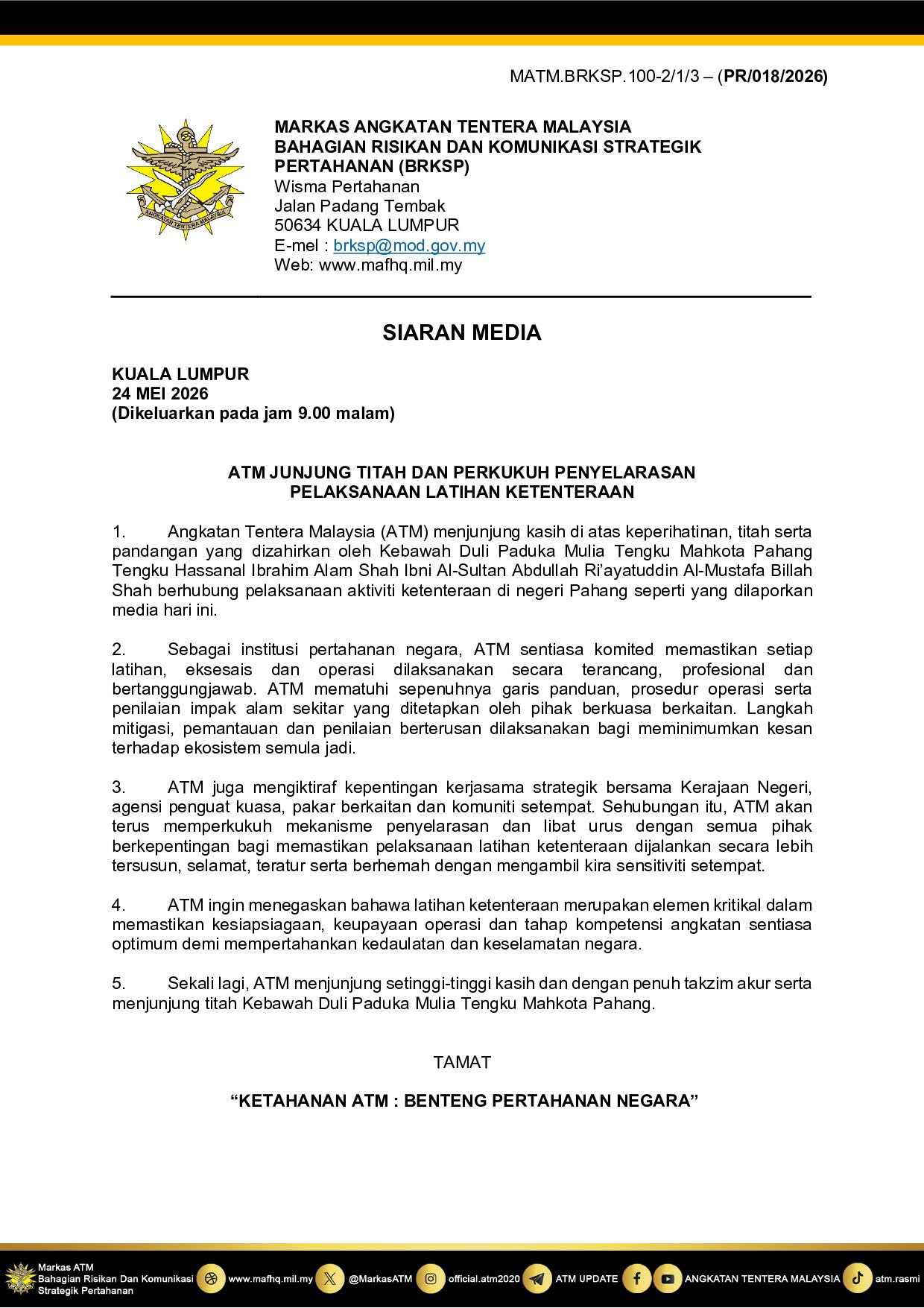 ATM Perkukuh Penyelarasan Latihan Ketenteraan, Junjung Titah Tengku Mahkota Pahang